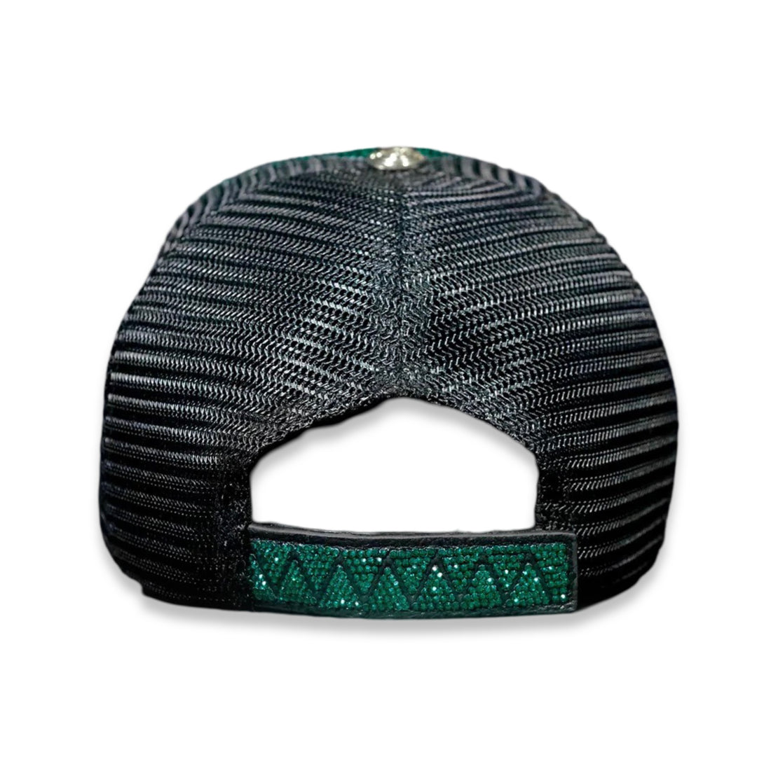 SWAROVKSI CRYSTAL TAJI LEATHER TRUCKER HAT GREEN