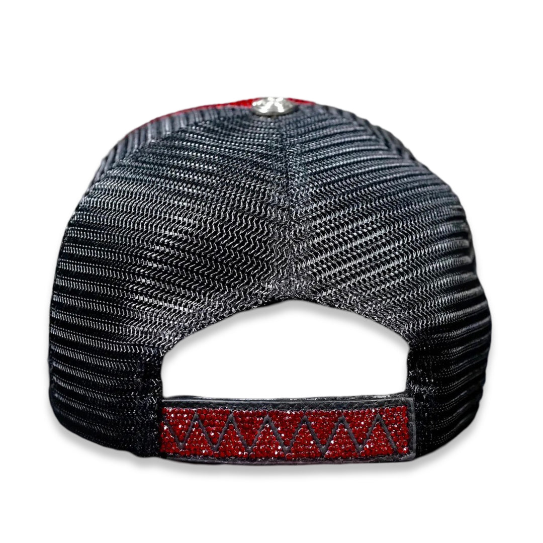SWAROVSKI CRYSTAL TAJI LEATHER TRUCKER HAT RED