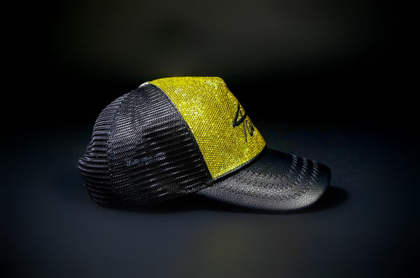 SWAROVSKI CRYSTAL TAJI LEATHER TRUCKER HAT YELLOW