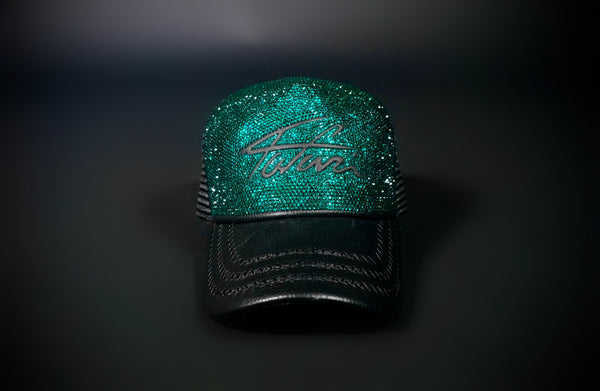 SWAROVKSI CRYSTAL TAJI LEATHER TRUCKER HAT GREEN