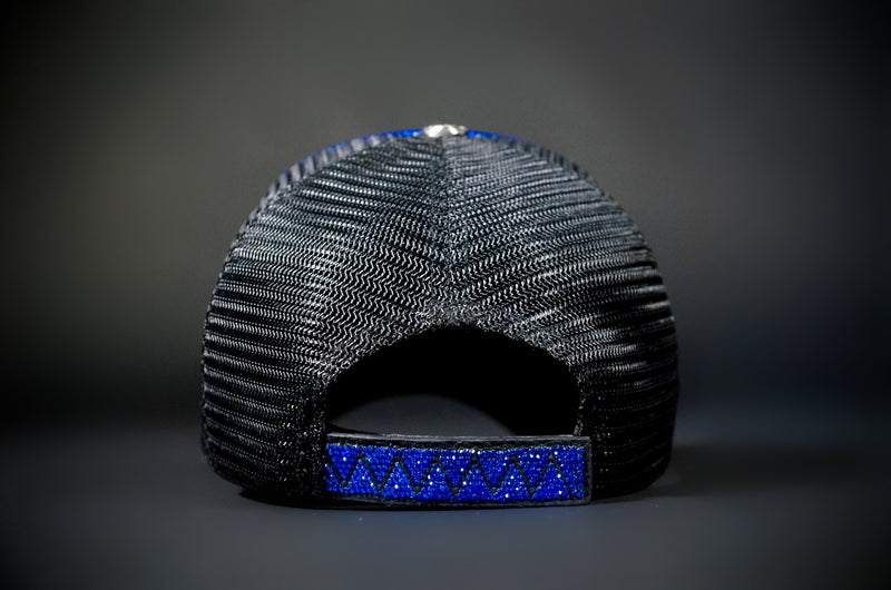 SWAROVSKI CRYSTAL TAJI LEATHER TRUCKER HAT BLUE