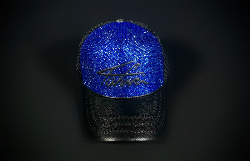 SWAROVSKI CRYSTAL TAJI LEATHER TRUCKER HAT BLUE