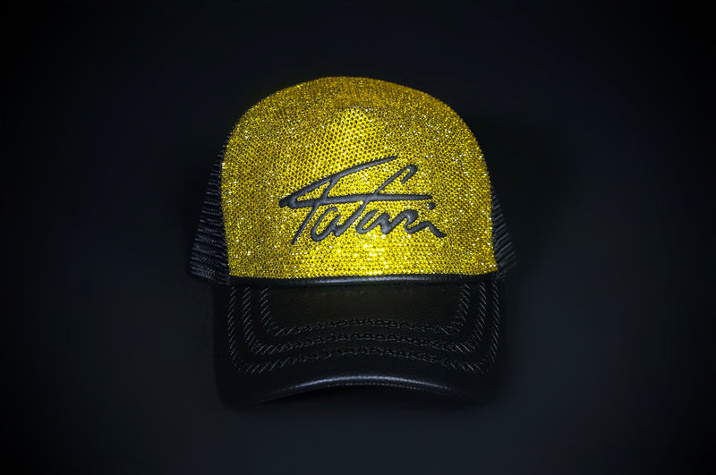 SWAROVSKI CRYSTAL TAJI LEATHER TRUCKER HAT YELLOW