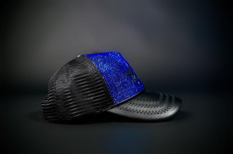 SWAROVSKI CRYSTAL TAJI LEATHER TRUCKER HAT BLUE