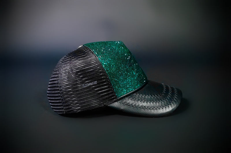 SWAROVKSI CRYSTAL TAJI LEATHER TRUCKER HAT GREEN